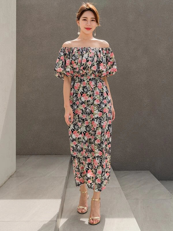 CM-DS424941 Women Trendy Bohemian Style Floral Print Off Shoulder Ruffle Trim Split Back Dress