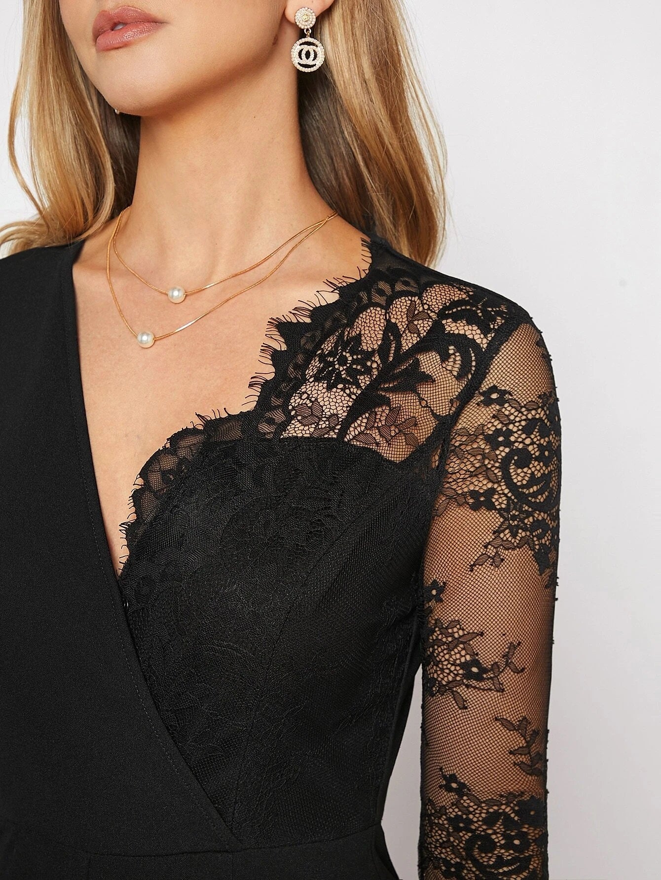 CM-JS932893 Women Elegant Seoul Style Contrast Lace V-Neck Wide Leg Jumpsuit - Black