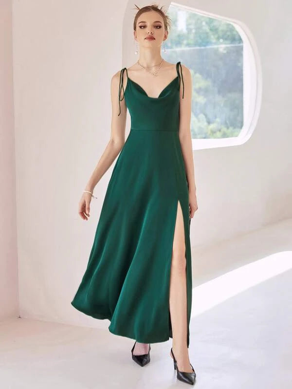 CM-DS512900 Women Elegant Seoul Style Tie Shoulder Solid Maxi Satin Cami Dress - Dark Green