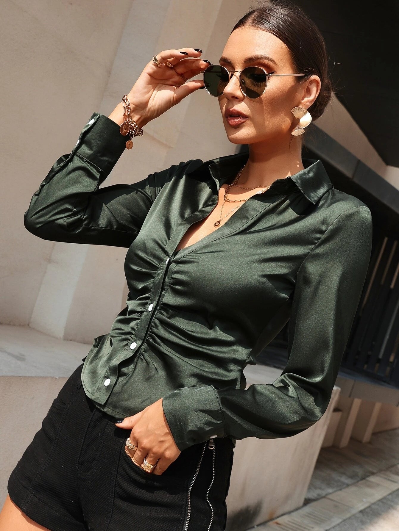 CM-TS434225 Women Elegant Seoul Style Ruched Single Breasted Long Sleeve Shirt - Dark Green