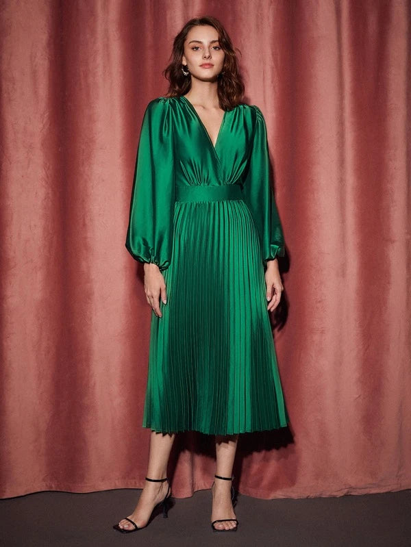 CM-DS695614 Women Elegant Seoul Style Lantern Sleeve Pleated Hem Dress - Green