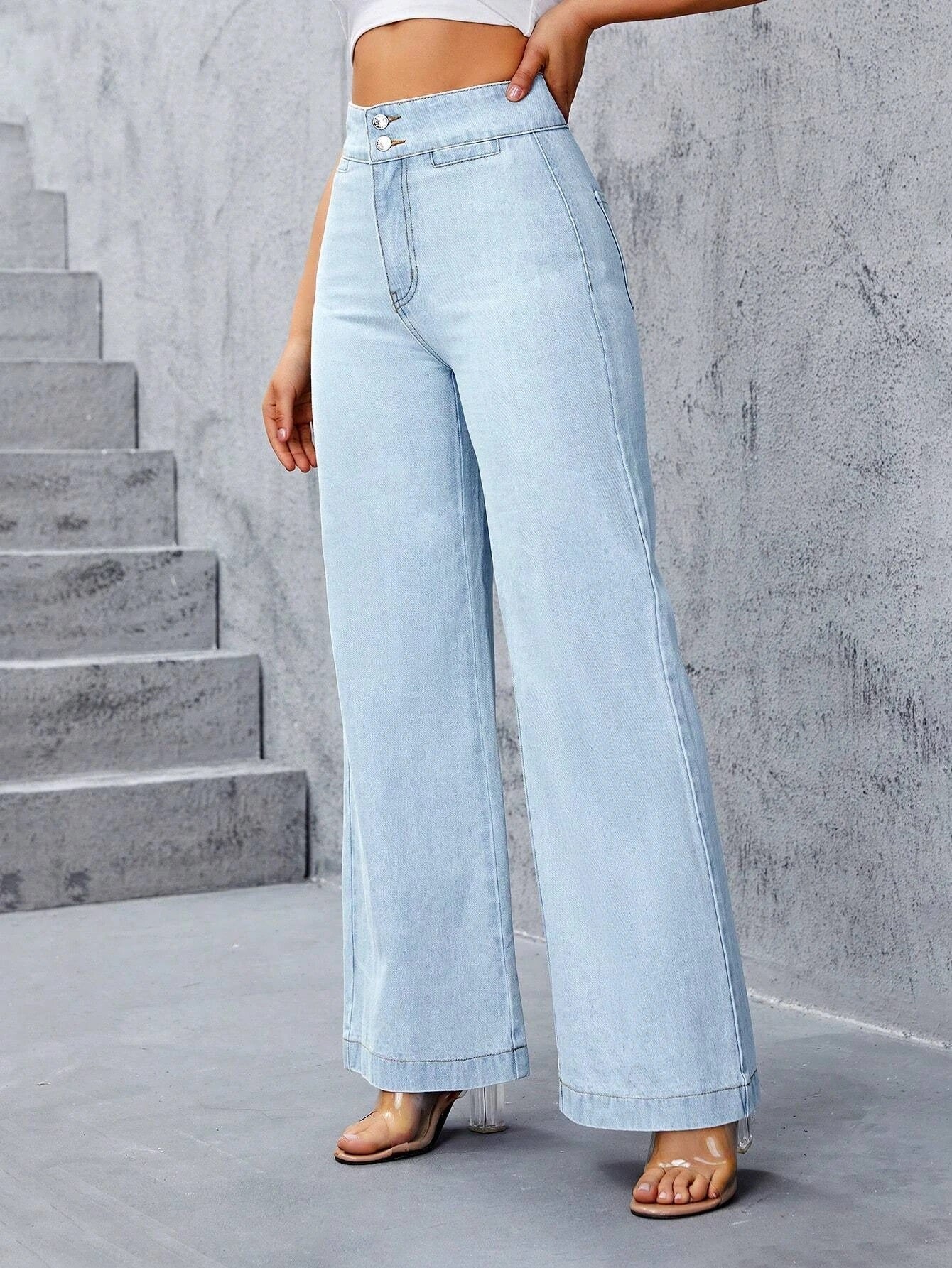 CM-BS791499 Women Preppy Seoul Style Light Wash High Waist Wide Leg Jeans