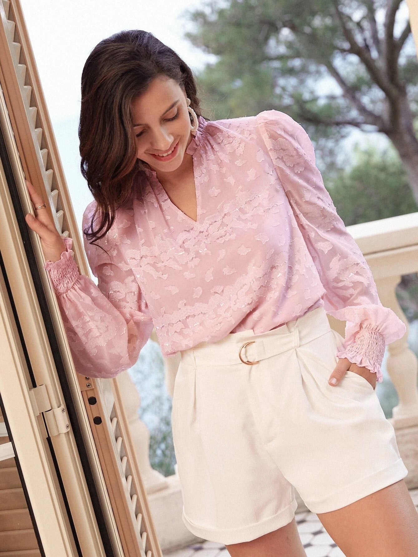 CM-TS519250 Women Casual Seoul Style Notched Neck Frill Trim Jacquard Appliques Chiffon Top
