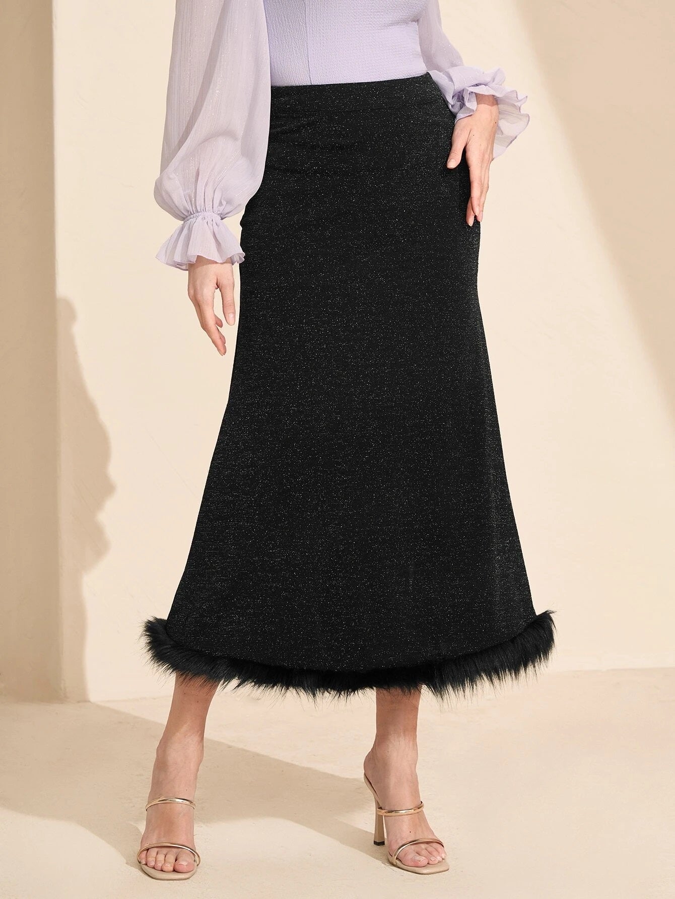 CM-BS610801 Women Casual Seoul Style High Waist Fuzzy Hem Glitter Skirt - Black