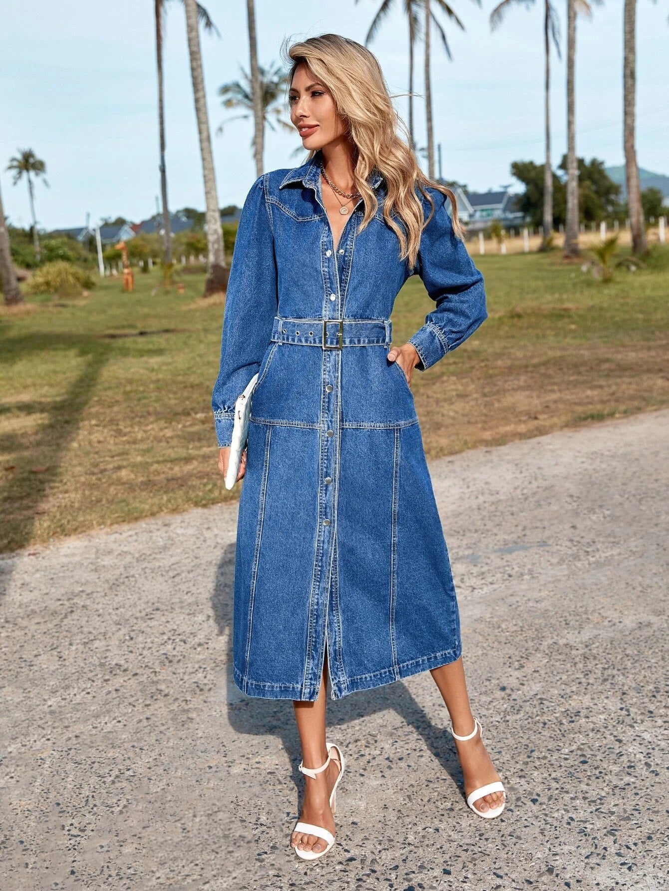 CM-DS636084 Women Preppy Seoul Style Puff Sleeve Slit Hem Belted Denim Dress