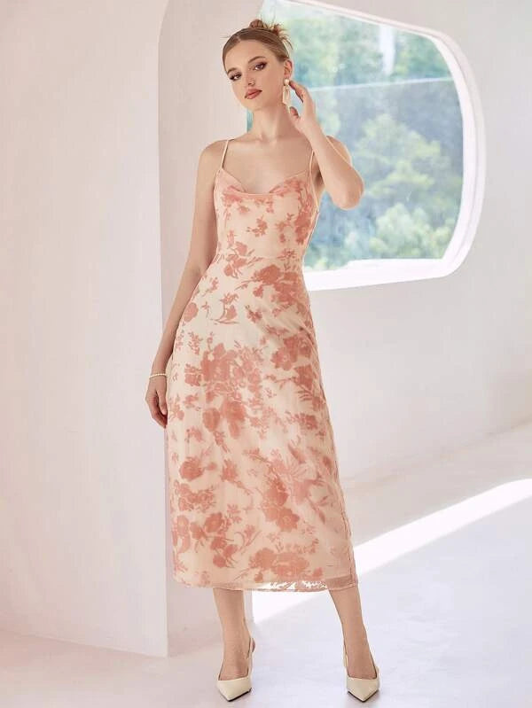 CM-DS546881 Women Casual Seoul Style Floral Print Criss Cross Back Draped Cami Dress