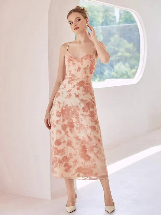 CM-DS546881 Women Casual Seoul Style Floral Print Criss Cross Back Draped Cami Dress