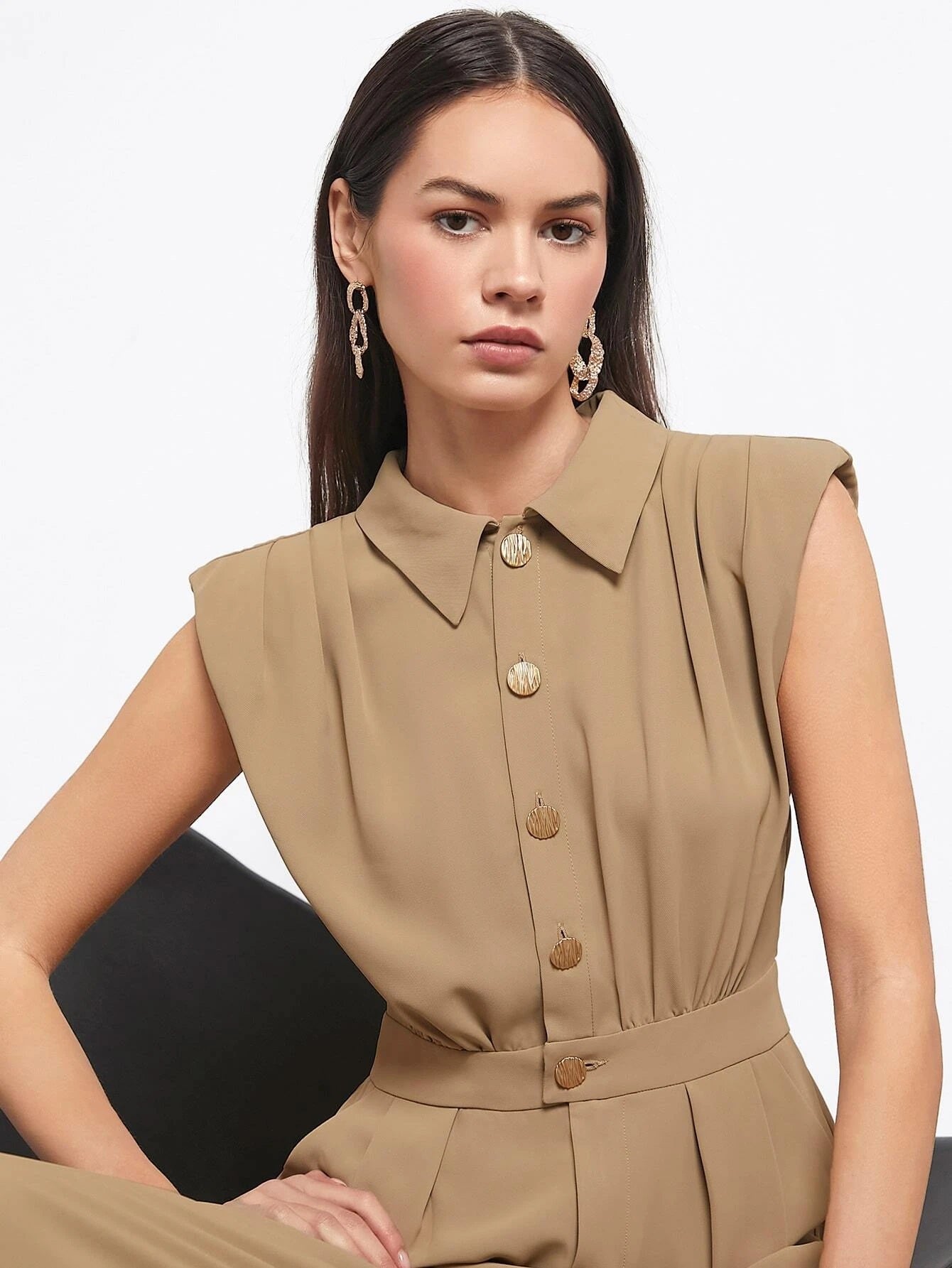 CM-JS611690 Women Elegant Seoul Style Solid Button Front Shoulder Pad Sleeveless Jumpsuit