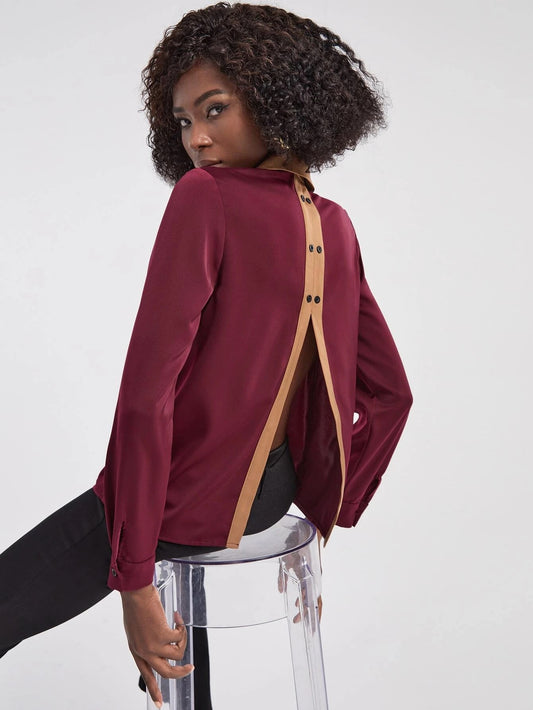 CM-TS460111 Women Elegant Seoul Style Contrast Trim Button Back Shirt - Burgundy