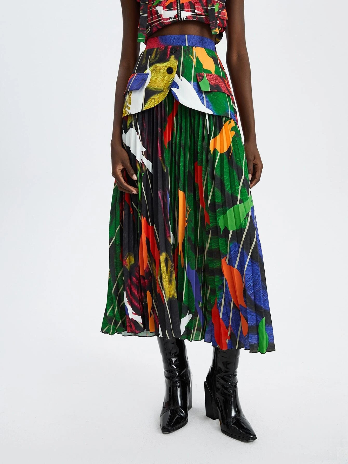 CM-BS382206 Women Trendy Bohemian Style Color Block Lettuce Trim Pleated Skirt