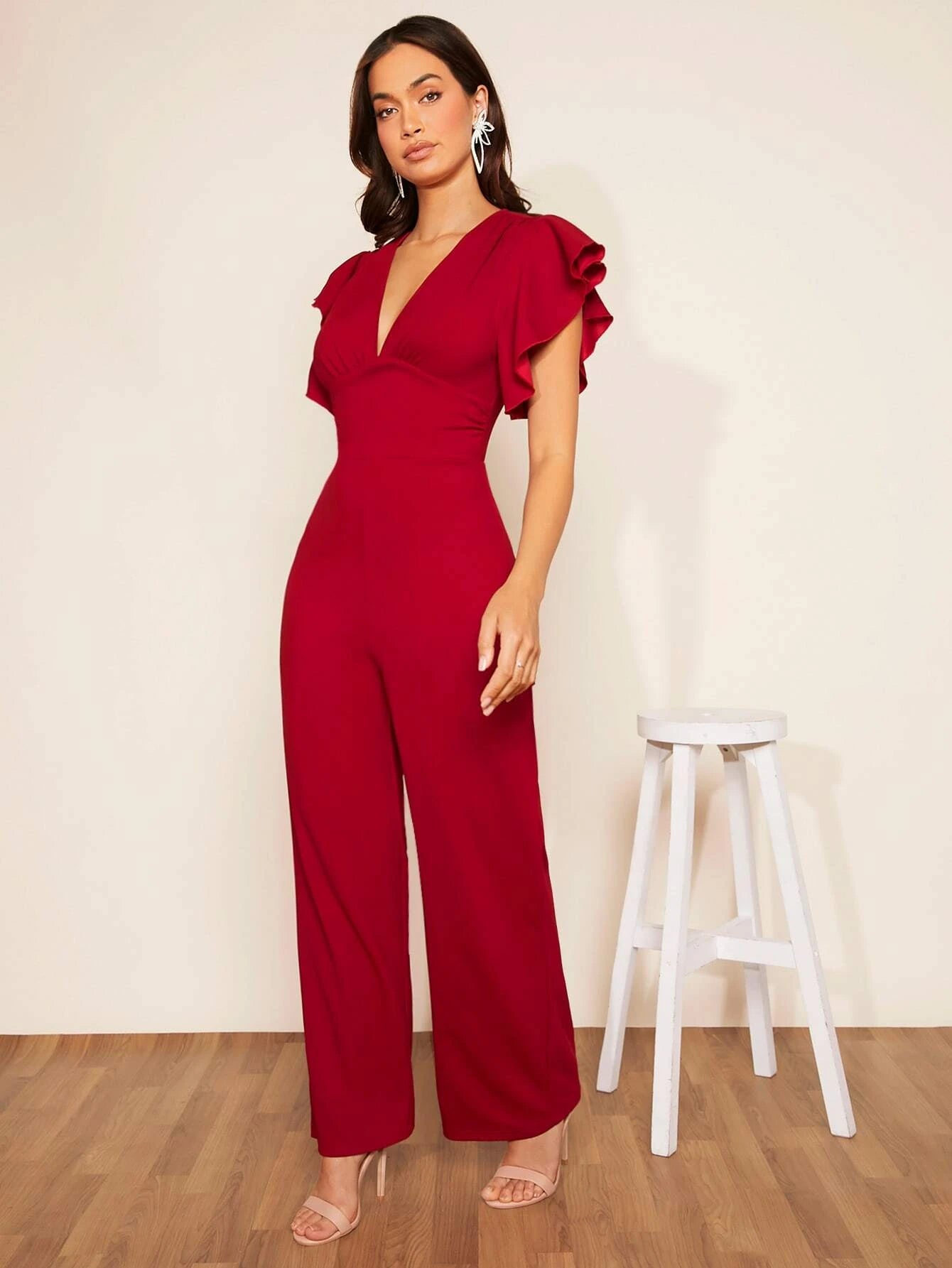 CM-JS125440 Women Elegant Seoul Style Plunging Neck Butterfly Sleeve Jumpsuit - Burgundy