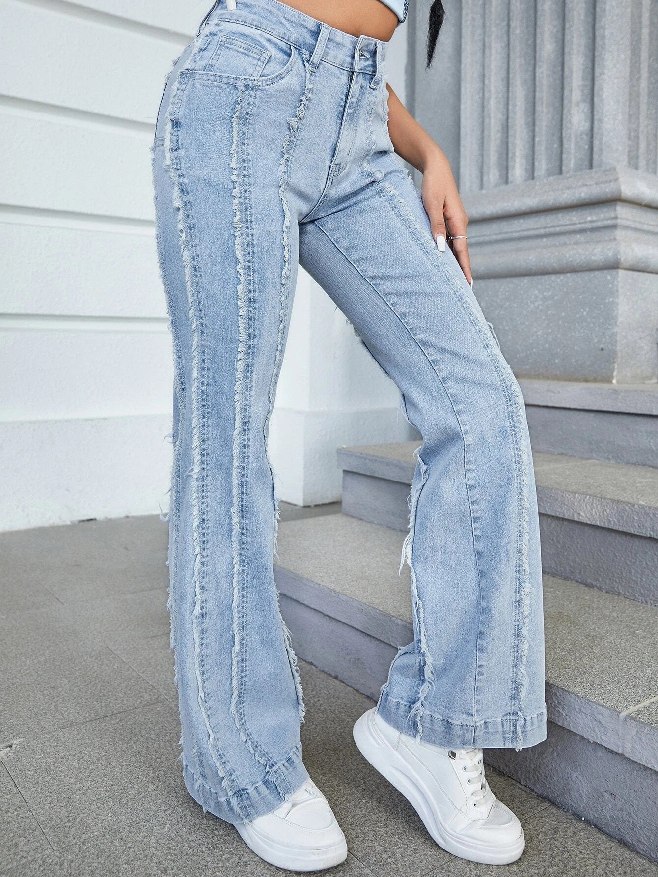 CM-BS151376 Women Preppy Seoul Style Light Wash Zipper Fly Raw Trim Flare Leg Jeans