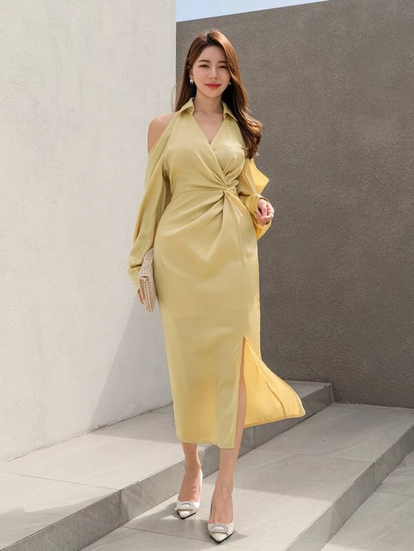 CM-DS954544 Women Elegant Seoul Style Cold Shoulder Twist Front Split Thigh Dress