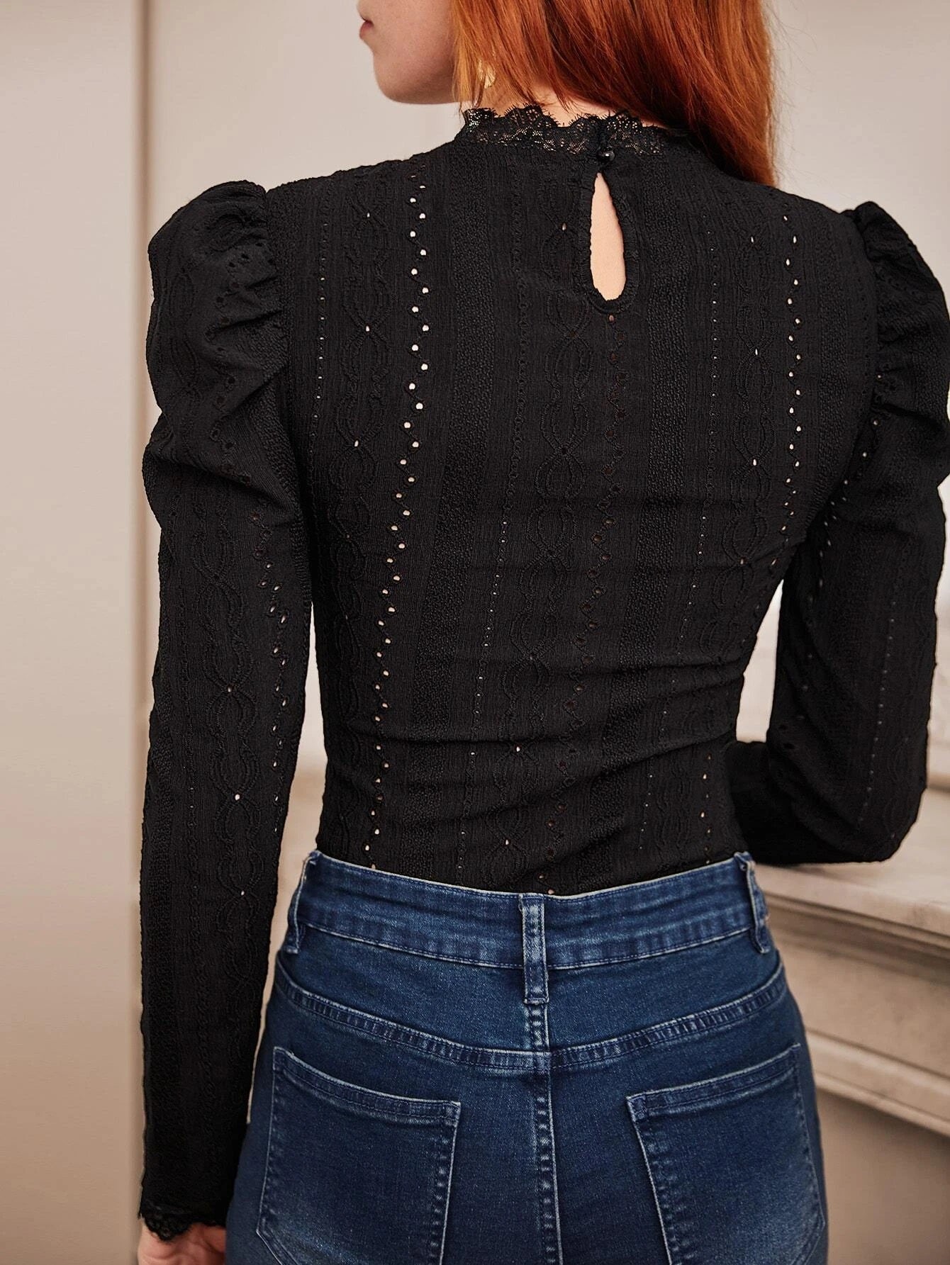 CM-TS108896 Women Elegant Seoul Style Button Detail Gigot Sleeve Eyelet Embroidery Bodysuit