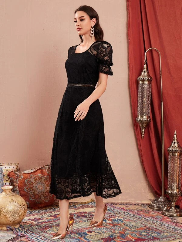 CM-DS851675 Women Elegant Seoul Style Flounce Sleeve Ruffle Hem Lace Dress - Black