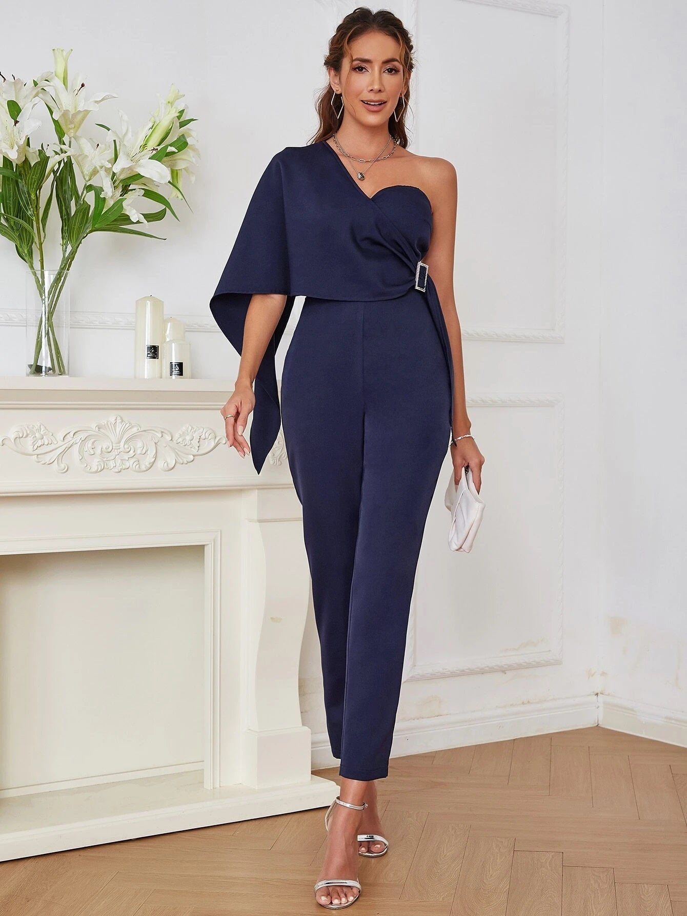 CM-JS477427 Women Elegant Seoul Style One Shoulder Cloak Sleeve Buckled Side Jumpsuit - Navy Blue