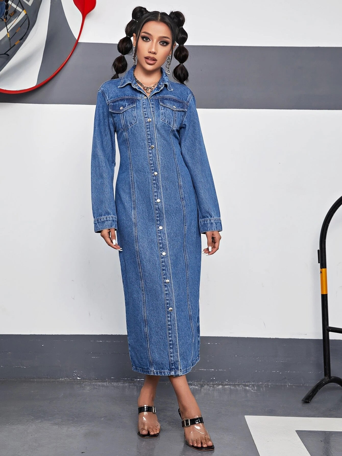 CM-DS932393 Women Preppy Seoul Style Dark Wash Flap Pocket Button Front Denim Dress