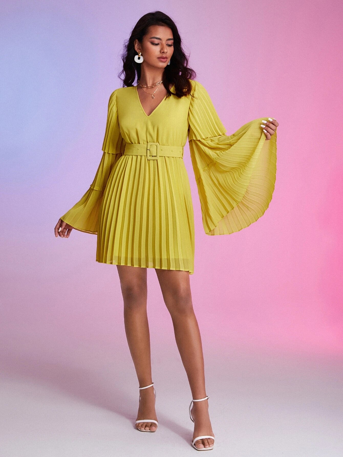 CM-DS433465 Women Elegant Seoul Style Pleated Trumpet Sleeve Belted Dress - Mustard Yellow