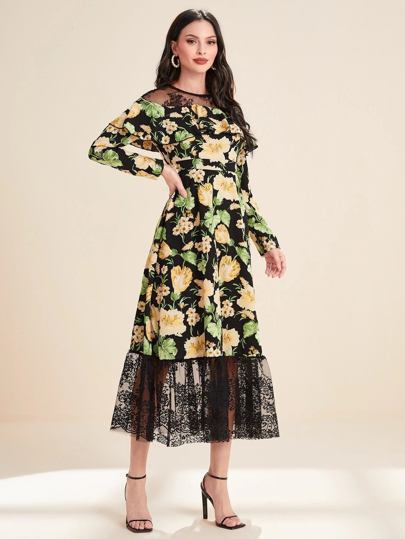 CM-DS426990 Women Elegant Seoul Style Floral Print Contrast Lace Ruffle Hem Dress