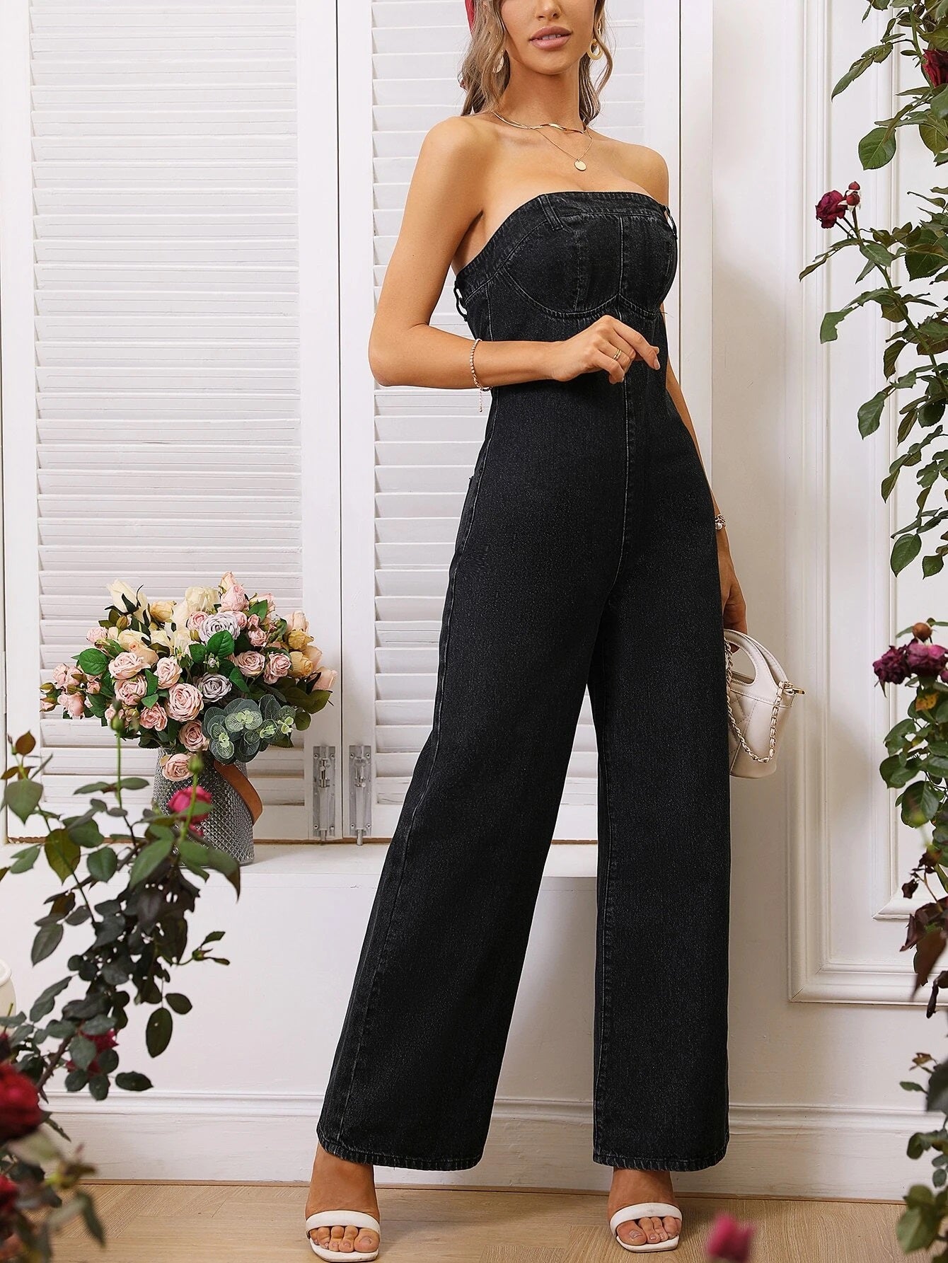 CM-JS774571 Women Preppy Seoul Style Washed Wide Leg Denim Overalls - Black