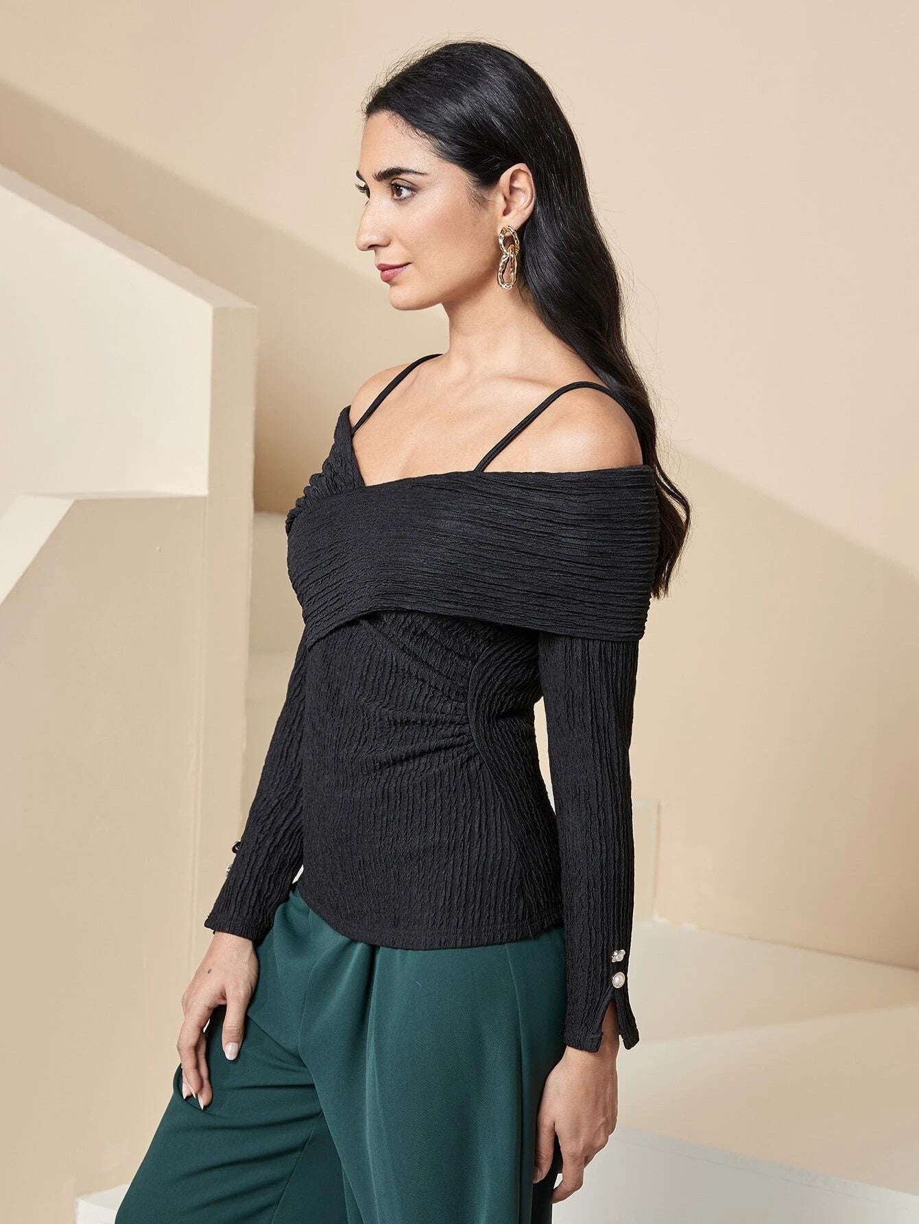 CM-TS119398 Women Casual Seoul Style Cold Shoulder Cross Wrap Front Tee - Black