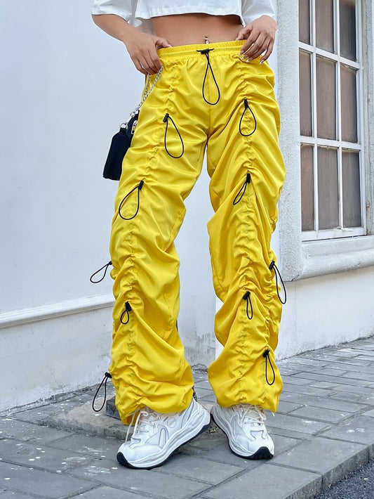CM-BS810144 Women Casual Seoul Style Drawstring Waist Ruched Parachute Pants - Yellow