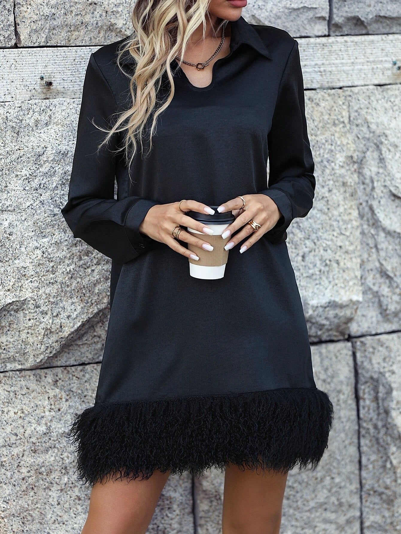 CM-DS098728 Women Elegant Seoul Style Collar Neckline Solid Fuzzy Hem Tunic Dress - Black