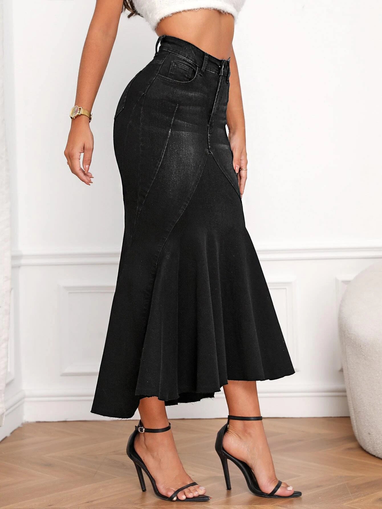 CM-BS899290 Women Casual Seoul Style High Waist Mermaid Hem Denim Skirt