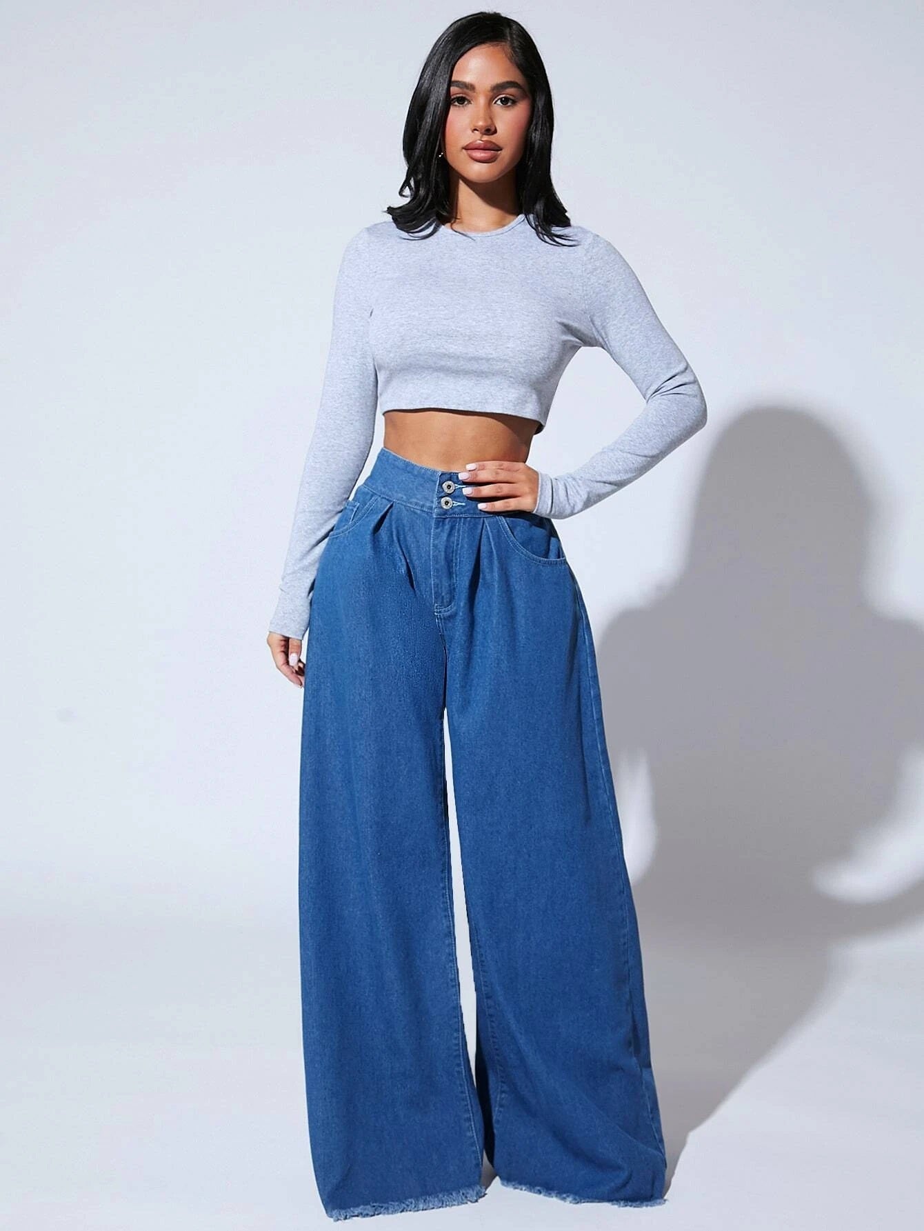 CM-BS478811 Women Preppy Seoul Style Medium Wash Raw Hem Wide Leg Jeans
