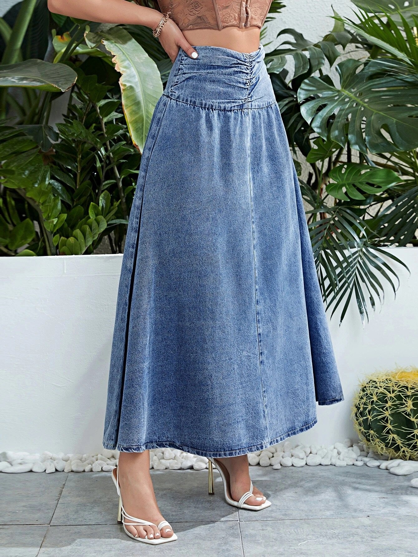 CM-BS200039 Women Casual Seoul Style High Waist Button Front Ruched Waist Denim Skirt