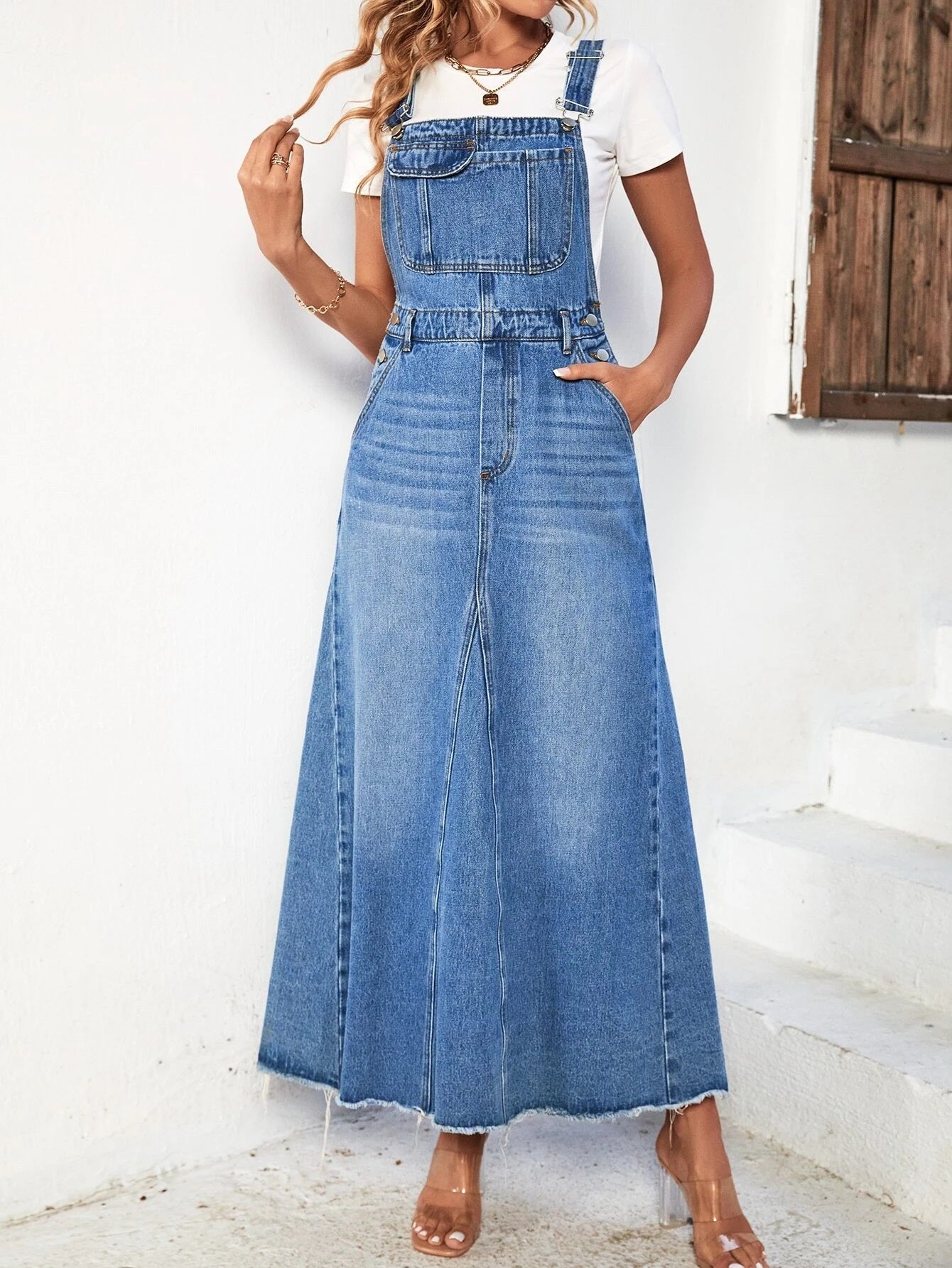 CM-DS521772 Women Casual Seoul Style Light Wash Raw Cut Denim Overall Dress