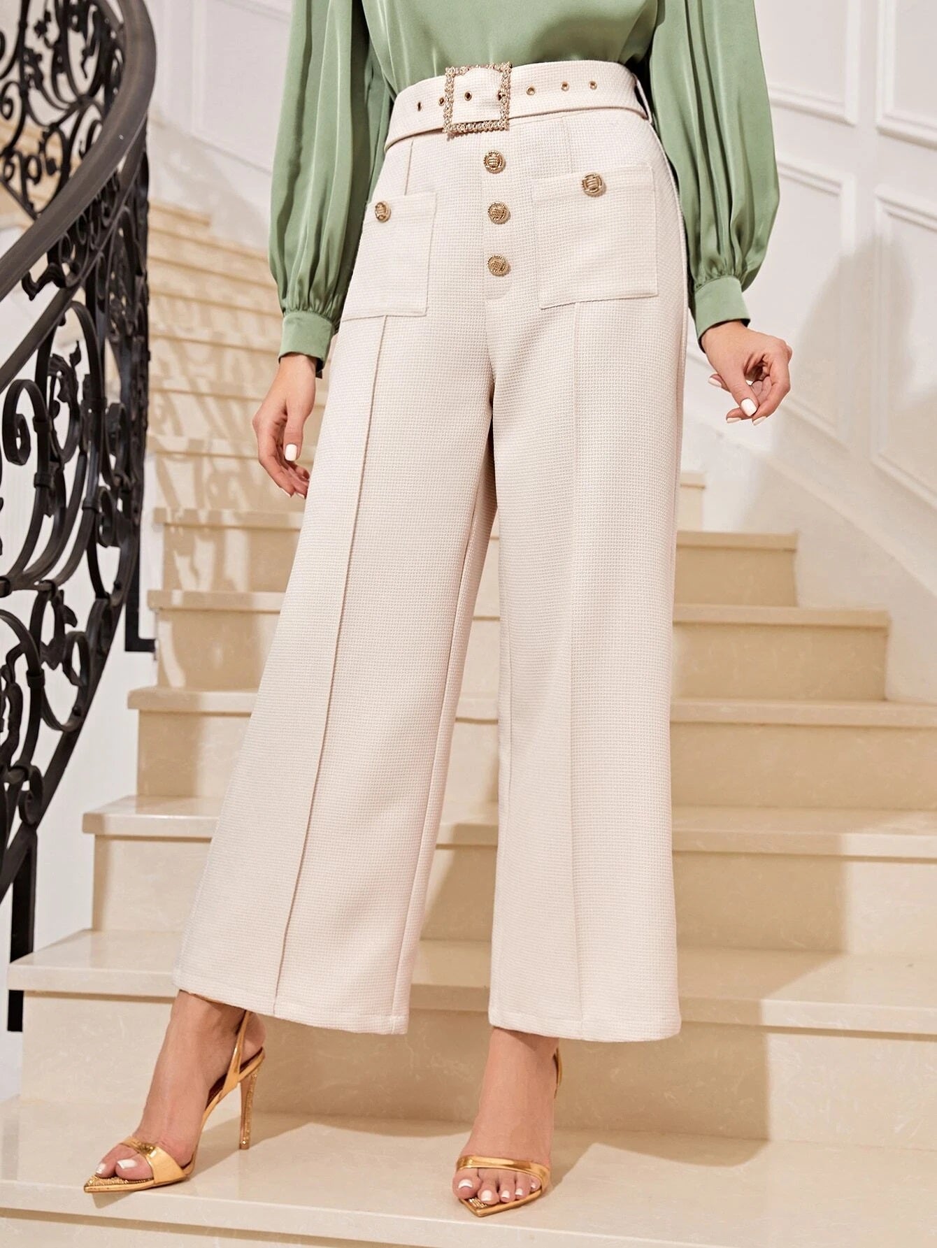 CM-BS811341 Women Elegant Seoul Style High Waist Button Front Belted Wide Leg Pants - Beige