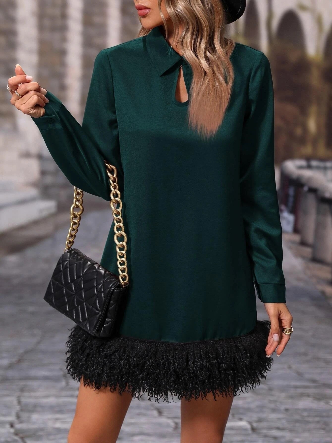 CM-DS365593 Women Elegant Seoul Style Collar Neckline Solid Fuzzy Hem Tunic Dress - Dark Green