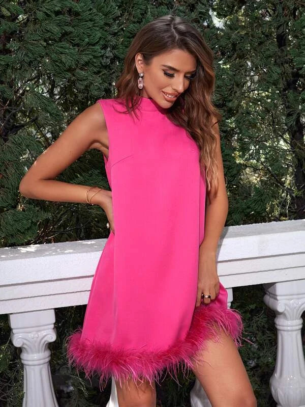 CM-DS226842 Women Elegant Seoul Style Sleeveless Stand Neck Fuzzy Trim Dress - Pink