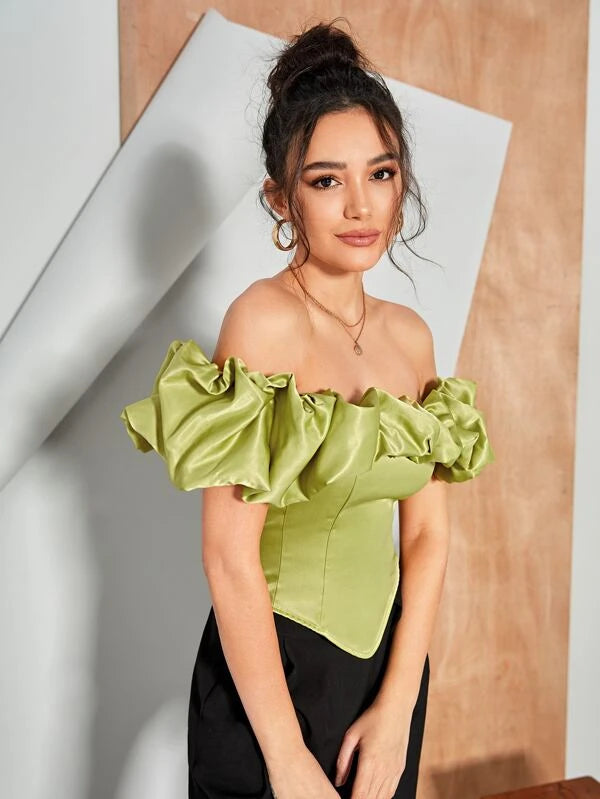 CM-TS761361 Women Elegant Seoul Style Off Shoulder Asymmetrical Hem Top - Lime Green