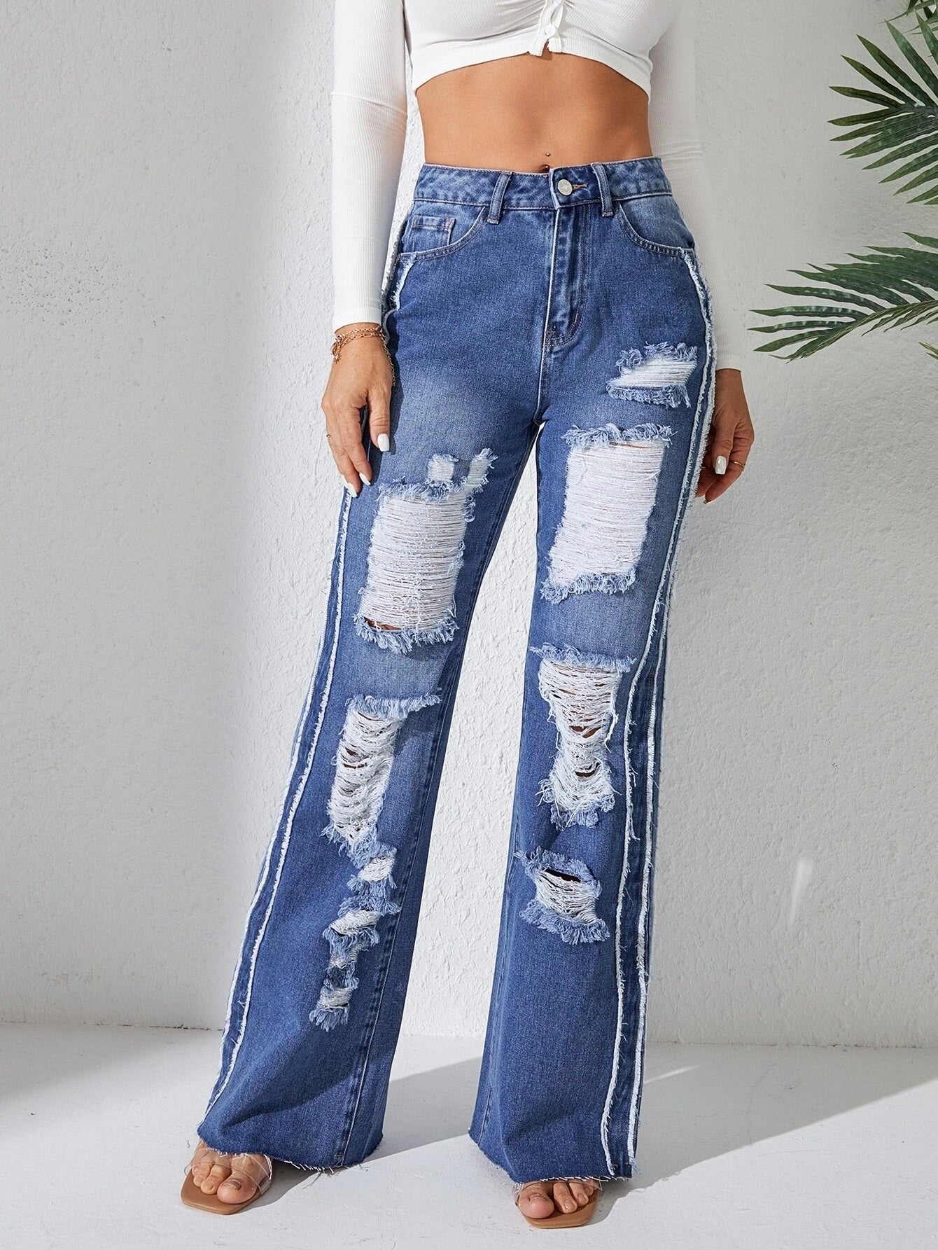 CM-BS875541 Women Casual Seoul Style Ripped Frayed Contrast Tape Flare Leg Jeans