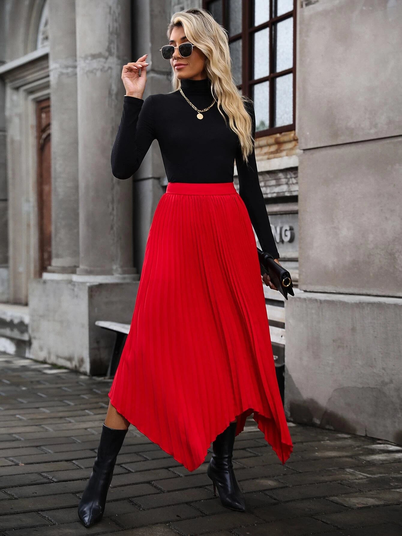 CM-BS461696 Women Elegant Seoul Style High Waist Hanky Hem Pleated Skirt - Red