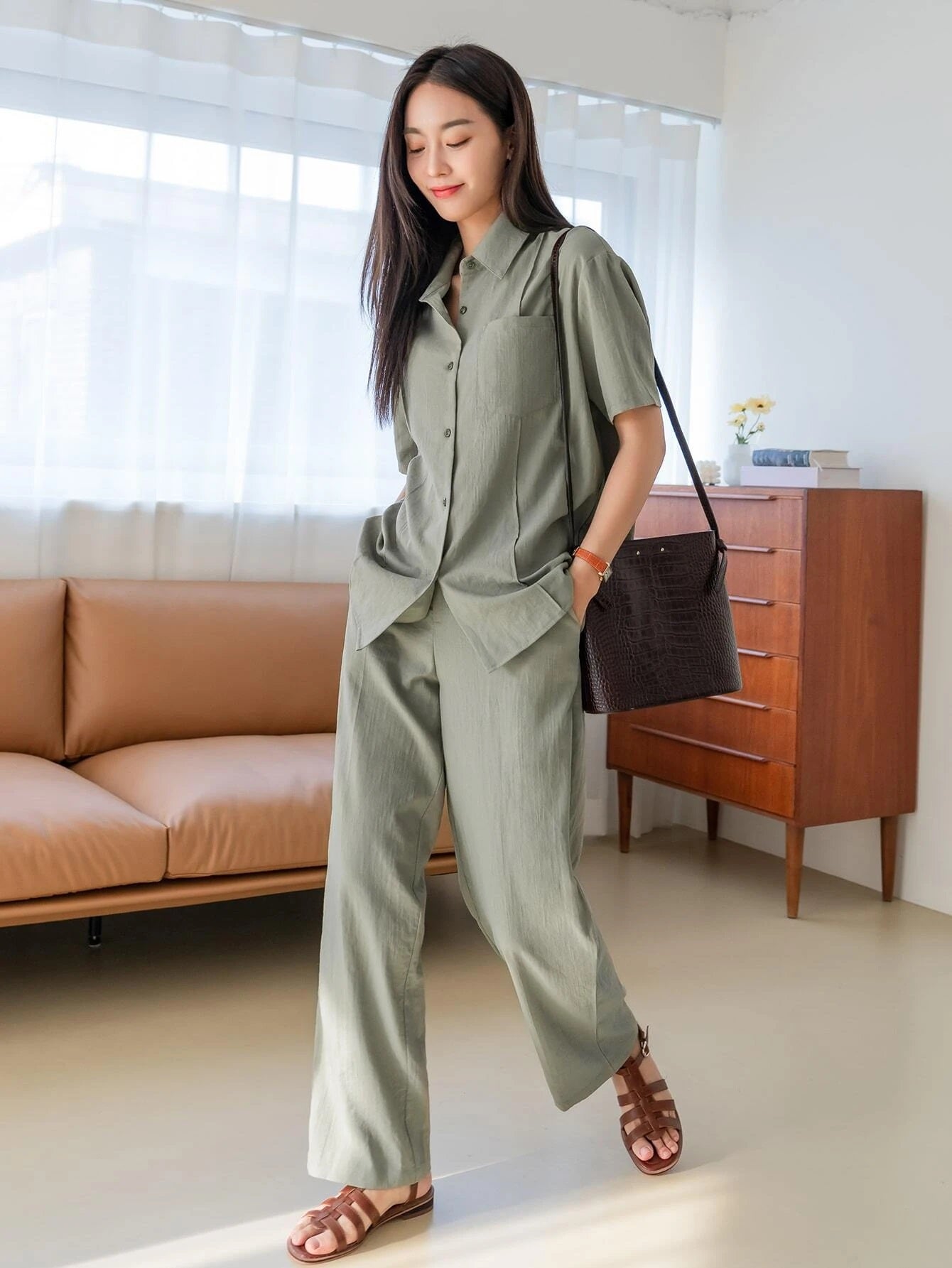 CM-SS111461 Women Casual Seoul Style Solid Pocket Patched Shirt With Pants - Set