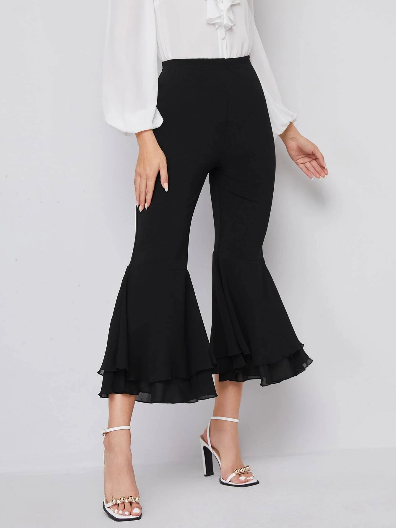 CM-BS518718 Women Elegant Seoul Style Elastic Waist Flare Leg Crop Pants - Black