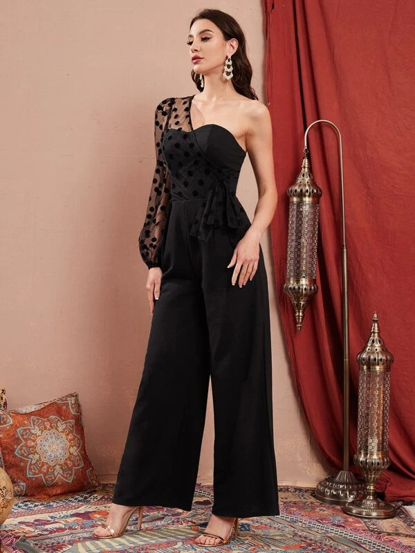 CM-JS769934 Women Elegant Seoul Style Mesh Puff Sleeve One Shoulder Draped Side Jumpsuit