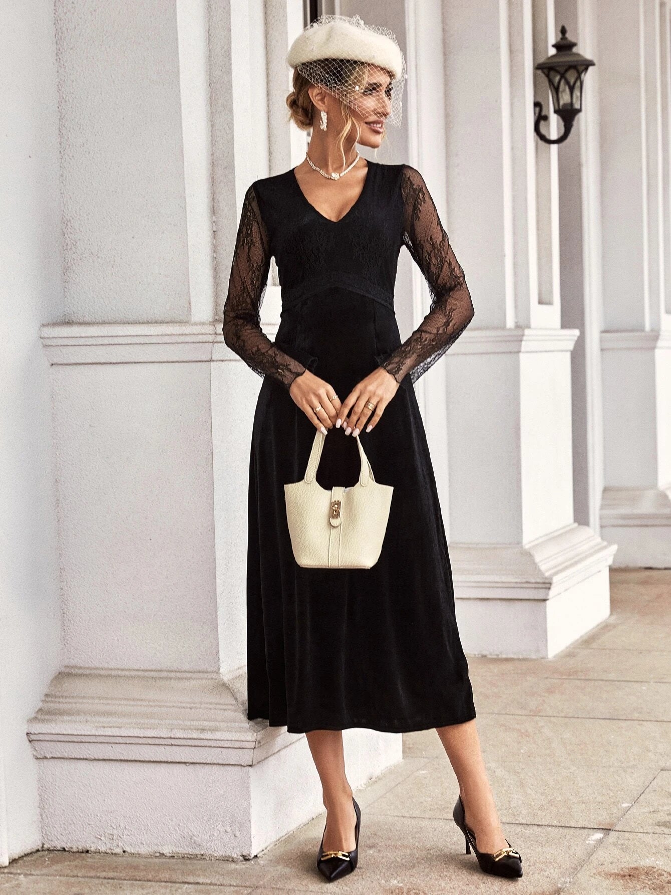 CM-DS220102 Women Elegant Seoul Style Contrast Lace V-Neck Velvet Dress - Black