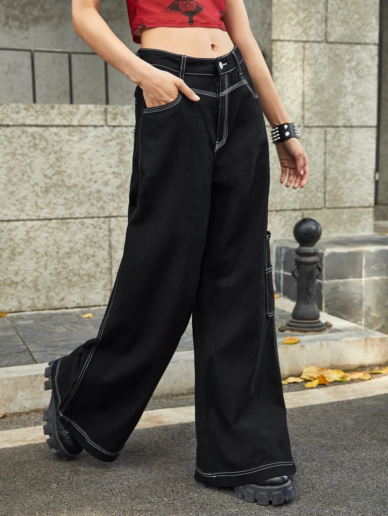 CM-BS971979 Women Preppy Seoul Style Grunge Punk Solid Wide Leg Jeans - Black