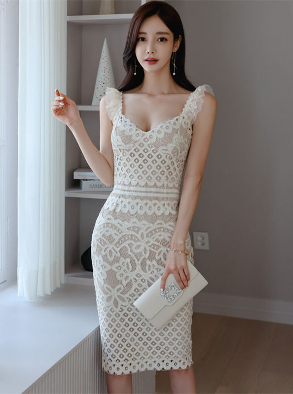 CM-DF080504 Women Charming Seoul Style Square Collar Lace Floral Slim Straps Dress - White