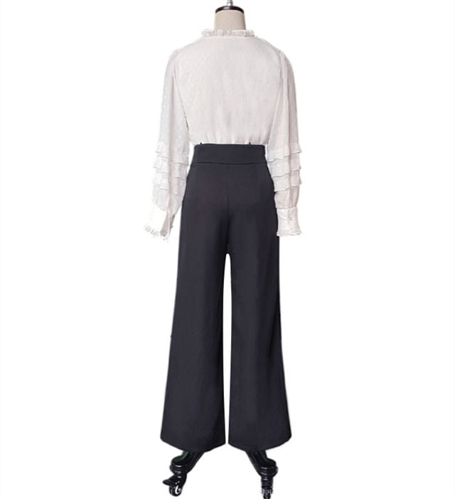 CM-SF080511 Women Elegant European Style Rhinestones Puff Sleeve Blouse With Long Pants - Set