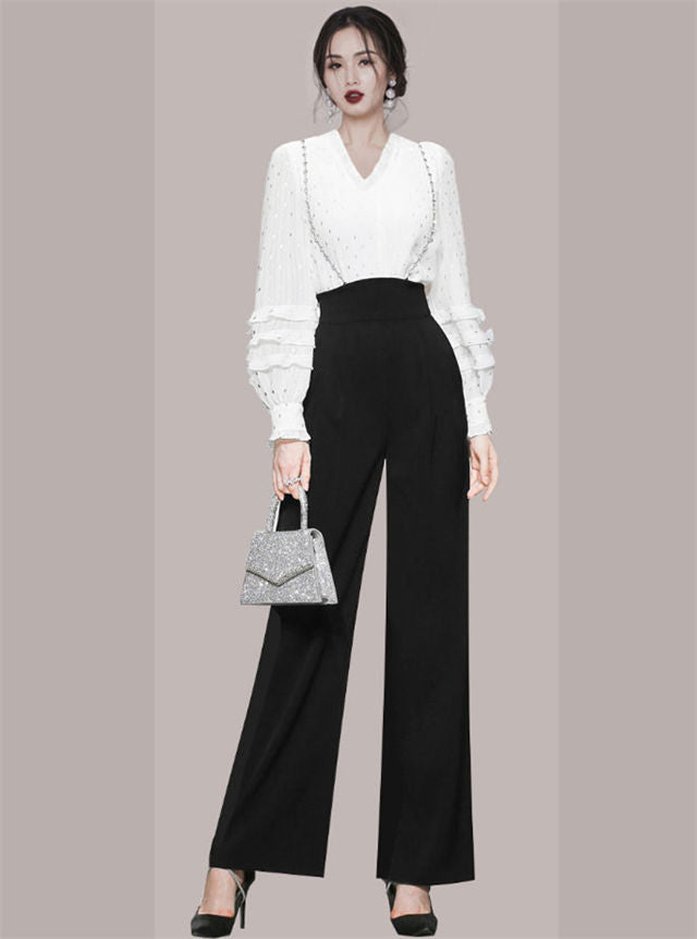 CM-SF080511 Women Elegant European Style Rhinestones Puff Sleeve Blouse With Long Pants - Set