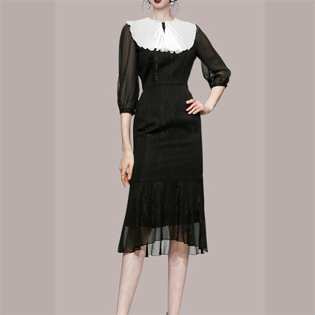 CM-DF080513 Women Retro European Style Pleated Doll Collar Bodycon Fishtail Dress - Black