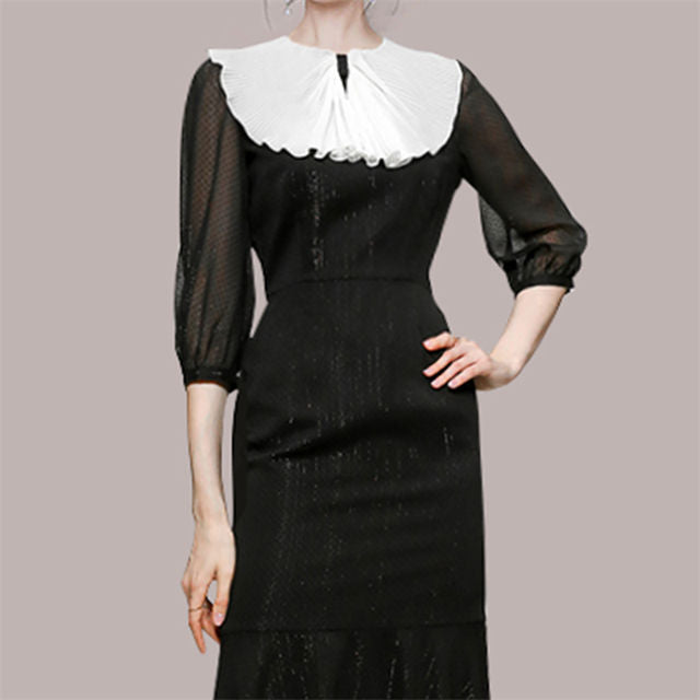 CM-DF080513 Women Retro European Style Pleated Doll Collar Bodycon Fishtail Dress - Black
