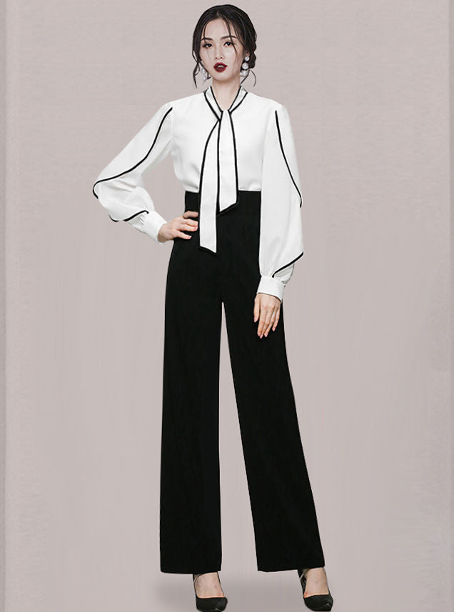 CM-SF080515 Women Elegant European Style Tie Collar Puff Sleeve Blouse With Long Pants - Set