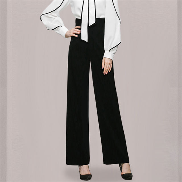 CM-SF080515 Women Elegant European Style Tie Collar Puff Sleeve Blouse With Long Pants - Set