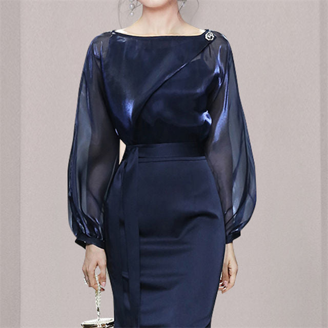 CM-DF080519 Women Elegant European Style Fitted Waist Gauze Puff Sleeve Fishtail Dress - Blue